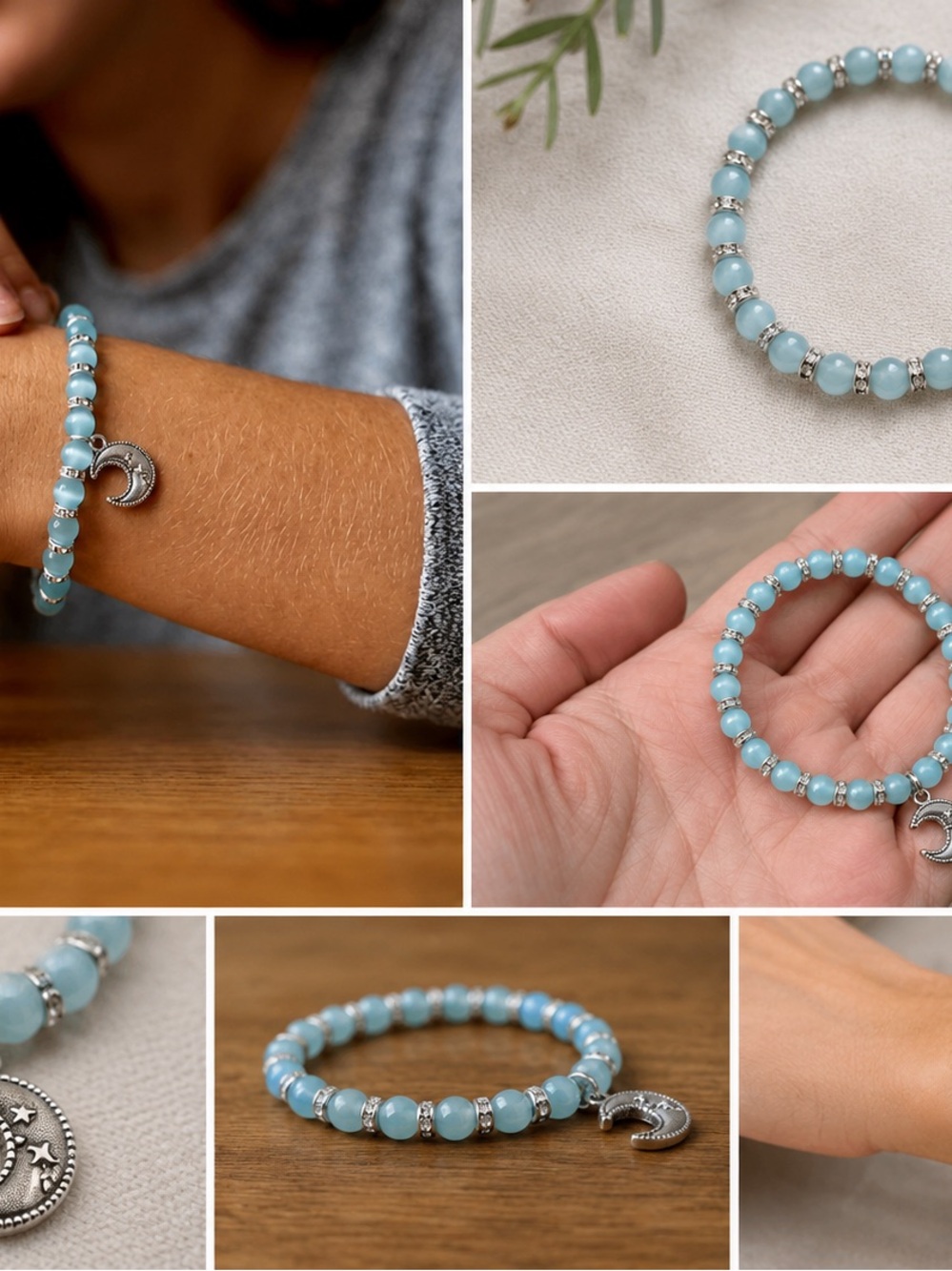 Silver Moon Charm Blue Beaded Stretch Bracelet - Women Jewelry